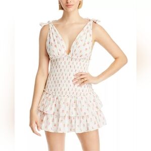 Loveshack Fancy Rossi Floral Smocked Mini Dress White Pink Roses Ruffles Size L